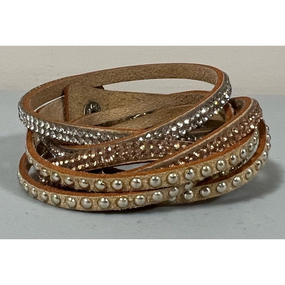 Brown Beige Tan Gold Suede Diamond Studded Wrap Bracelet Jewelry 🤎✨